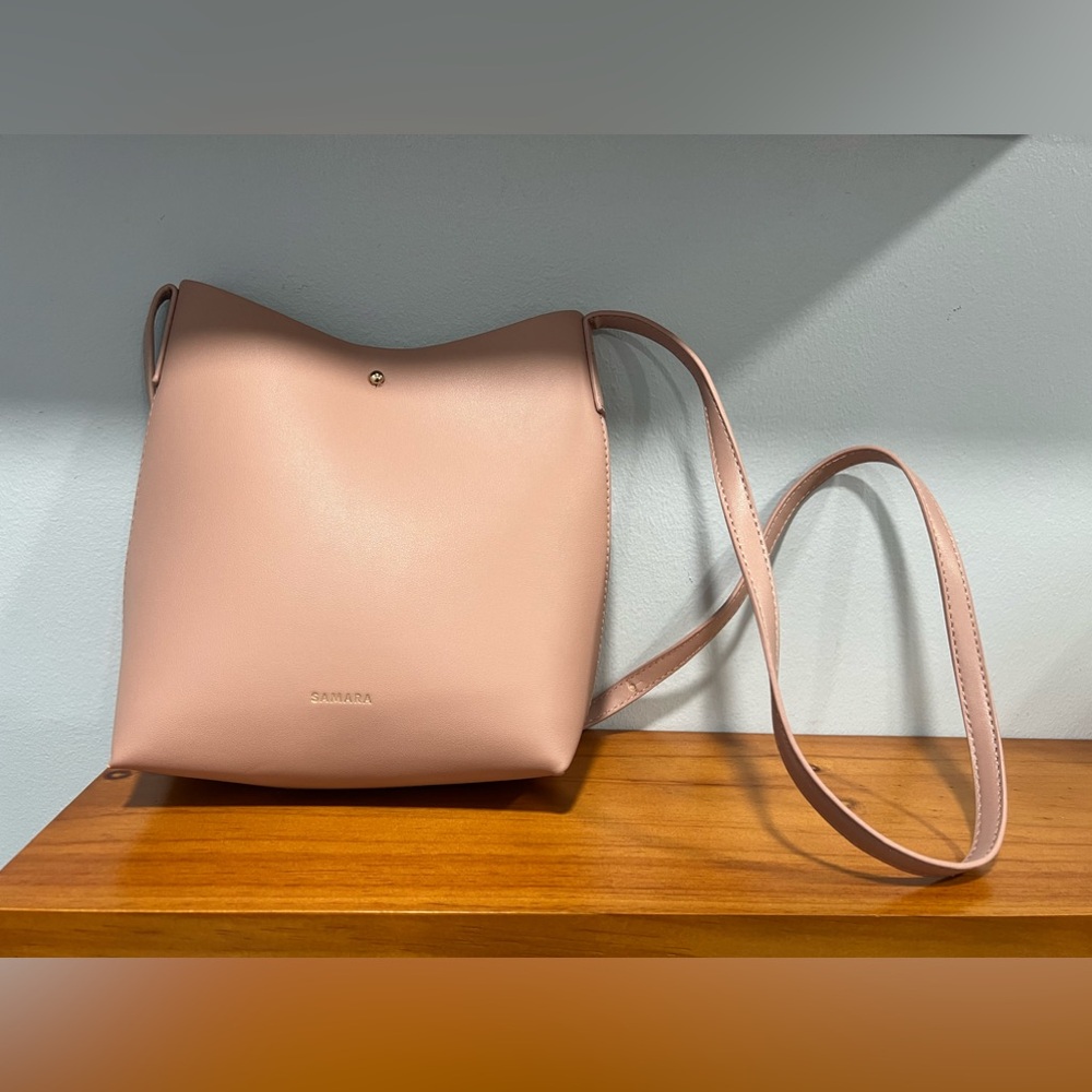 SAMARA NWOT Peony Pink Faux Leather Cross Body Bag Adjustable Strap Button Close
